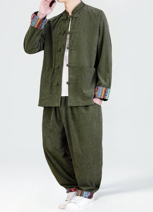 2026 Uomini di Stile Cinese Retro Tang Vestito Da Uomo di Velluto A Coste Patchwork Set Stampato Int