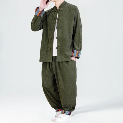 2026 Uomini di Stile Cinese Retro Tang Vestito Da Uomo di Velluto A Coste Patchwork Set Stampato Intrattenimento Musiche E Canzoni Mens Vintage Stampa Set Maschile Casual Kung Fu Vestito