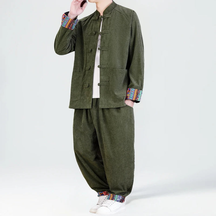 2026 Uomini di Stile Cinese Retro Tang Vestito Da Uomo di Velluto A Coste Patchwork Set Stampato Int