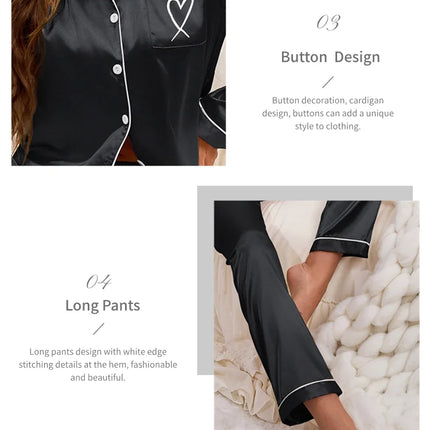 Vestiti per la casa delle donne Pigiama in raso Autunno Tasca a maniche lunghe Ricamo a forma di cuore Top e pantaloni Pigiama Femme Loungewear Pj Set