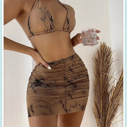 3 pezzi perizoma Bikini con gonna marmo texture costume da bagno donna costume da bagno Set costumi da bagno femminili abbigliamento da spiaggia nuoto estate platinumshop