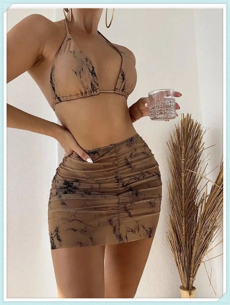 3 pezzi perizoma Bikini con gonna marmo texture costume da bagno donna costume da bagno Set costumi da bagno femminili abbigliamento da spiaggia nuoto estate platinumshop