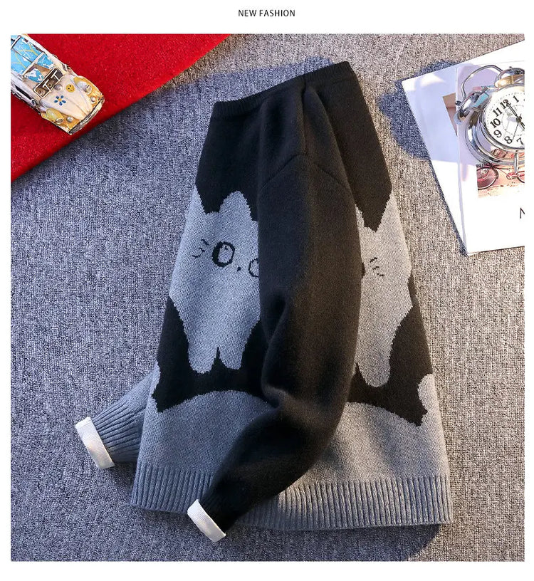 Cartoon Cat's New Knitted Sweater 2025 Men's Autumn/Winter Warm Knitted Sweater Men's Pullover Home Clothes