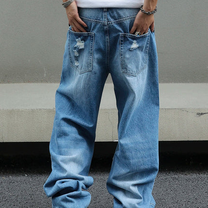 Men's Ripped Baggy Jeans Loose Fit Distressed Denim Pants Light Wash Y2K Streetwear Wide Leg Style PlatiNum