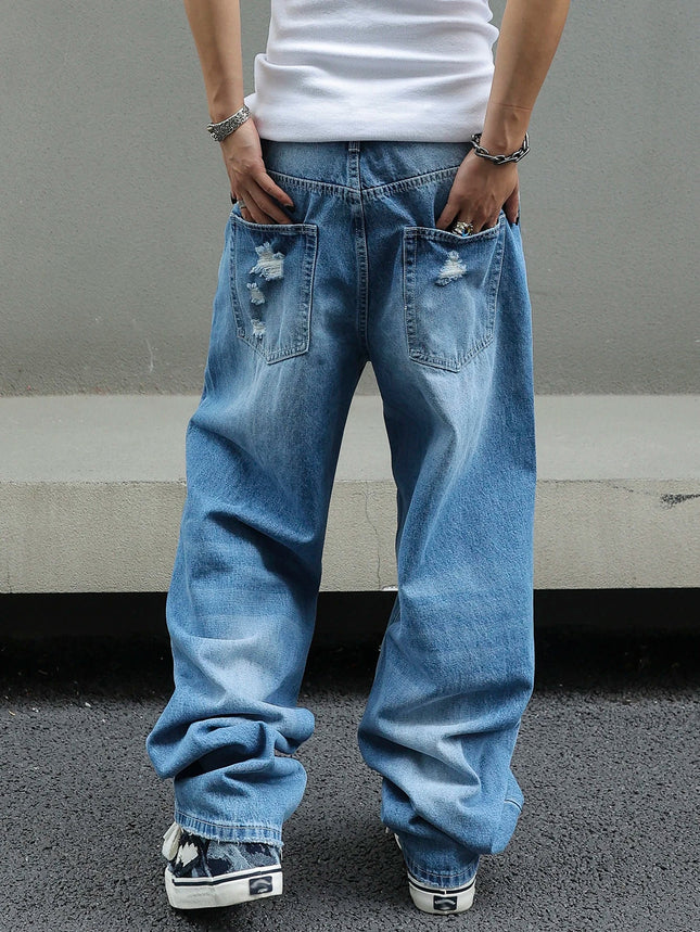 Men's Ripped Baggy Jeans Loose Fit Distressed Denim Pants Light Wash Y2K Streetwear Wide Leg Style PlatiNum