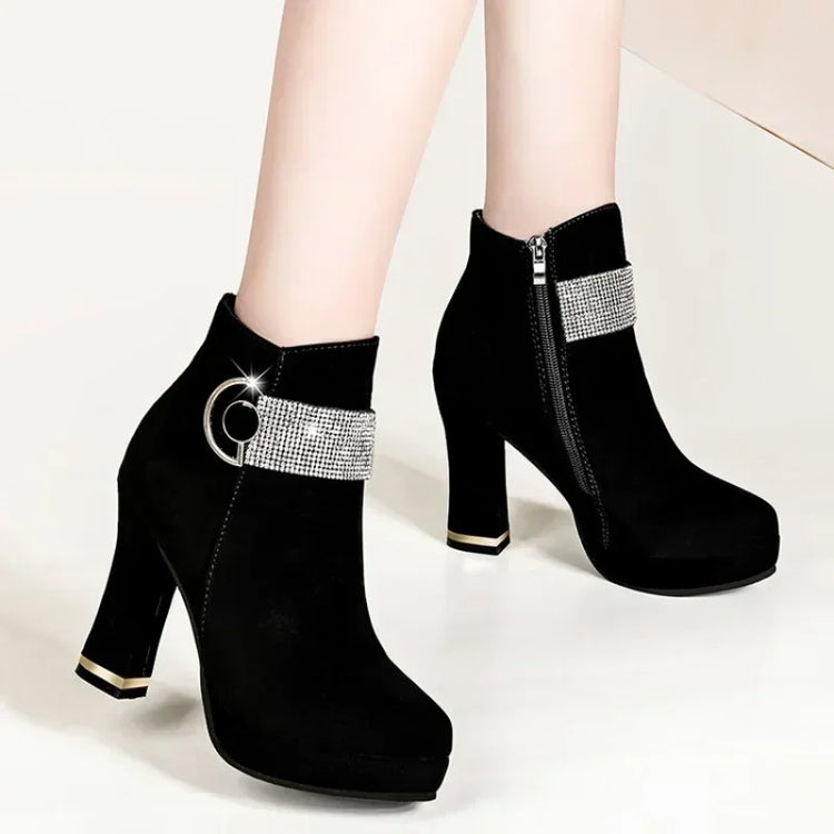 Fashionable Women's Red Wedding Shoes Autumn/winter Fleece-lined Thick Heel Short Boots Cotton Round Head Warm High Heels