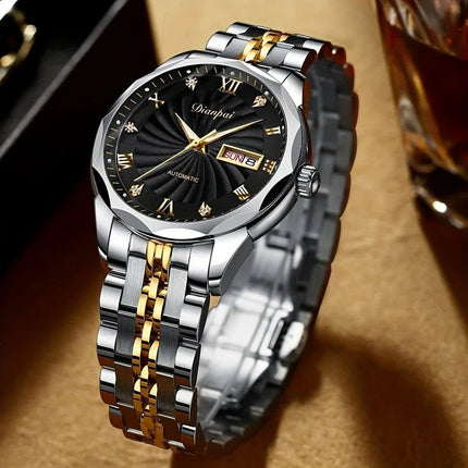 Dianpai Orologio meccanico automatico con cinturino luminoso in acciaio inossidabile, orologio nazionale da uomo alla moda. platinumshop