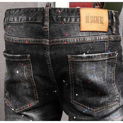 Fashion Streetwear Men Jeans Retro Black Blue Elastic Slim Fit Ripped Jeans Men Spliced Designer Embroidery Hip Hop Denim Pants PlatiNum