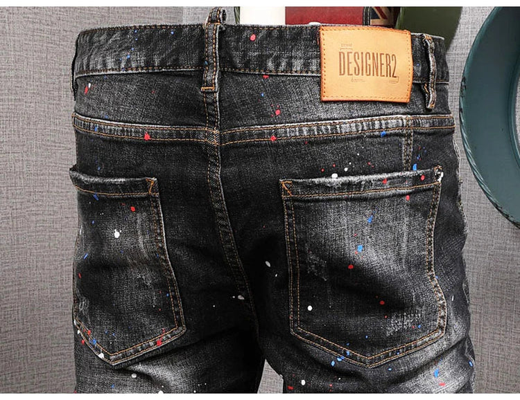Fashion Streetwear Men Jeans Retro Black Blue Elastic Slim Fit Ripped Jeans Men Spliced Designer Embroidery Hip Hop Denim Pants PlatiNum