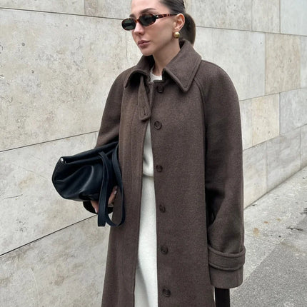 Women's Long Woolen Overcoats Stand Collar Single Breasted Lace Up Oversized Coat Autumn Winter Female Loose New Chic Outerwears