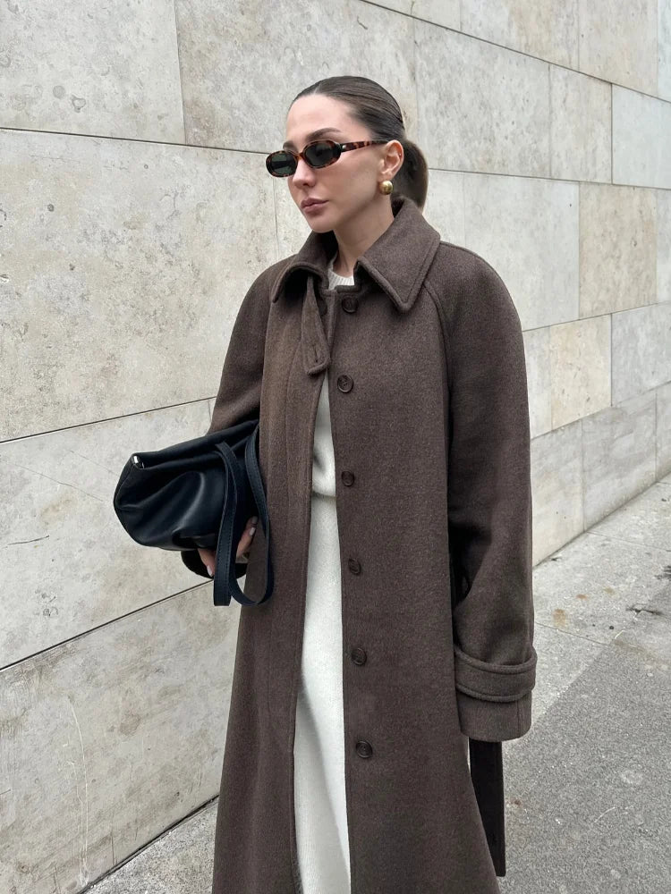 Women's Long Woolen Overcoats Stand Collar Single Breasted Lace Up Oversized Coat Autumn Winter Female Loose New Chic Outerwears