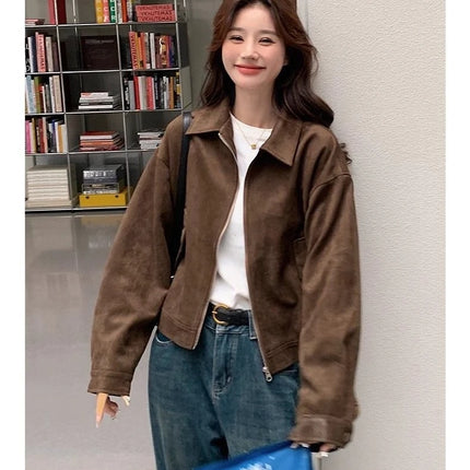 Retro Style Women's Short Suede Jacket Coffee Color Korean Style Autumn Coat Zipper Pocket Polyester Fiber Windproof