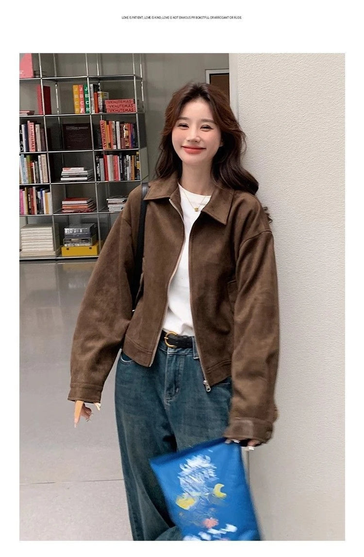 Retro Style Women's Short Suede Jacket Coffee Color Korean Style Autumn Coat Zipper Pocket Polyester Fiber Windproof