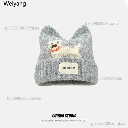 Cute Cartoon Kitten Ear Woolen Cap for Women Warm Cold-proof Autumn Winter Puppy Pattern Knitted Hat Fashion Sweet Crochet hats