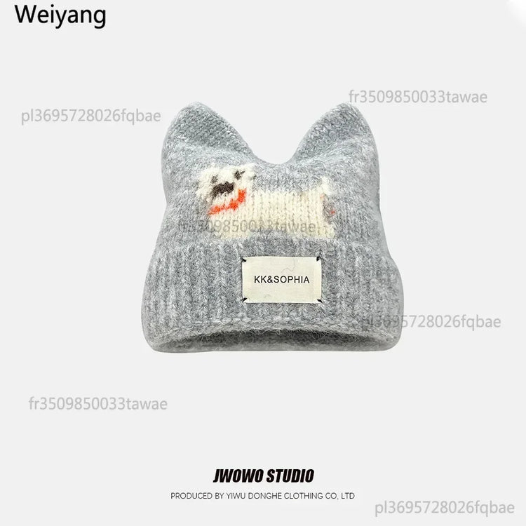 Cute Cartoon Kitten Ear Woolen Cap for Women Warm Cold-proof Autumn Winter Puppy Pattern Knitted Hat Fashion Sweet Crochet hats