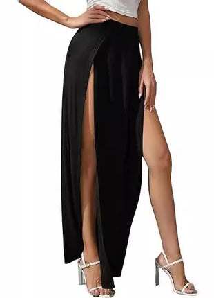 Nuova gonna elastica a vita alta da donna tinta unita spacco alto laterale vestibilità ampia assorbimento del sudore gonna lunga da spiaggia stile street