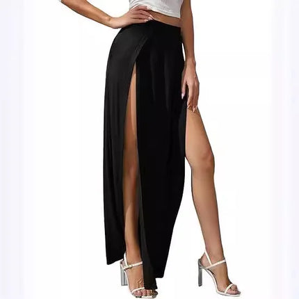Neuer Damen-Rock, elastisch, hohe Taille, einfarbig, hoher Seitenschlitz, lockere Passform, schweißabsorbierend, langer Strandrock im Streetwear-Stil