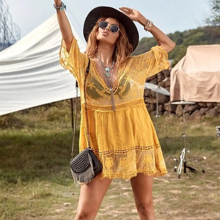 Abito Estivo da Spiaggia con Scollo a V, Protezione Solare, Casual, Copricostume in Pizzo per Donna platinumshop