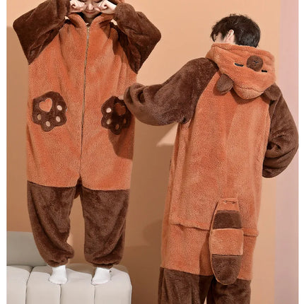 Family Matching Hooded Jumpsuit Cartoon Cypabara Onesie Winter Warm Sleepwear Boys Girls Pajamas Christmas Cartoon Home Clothes