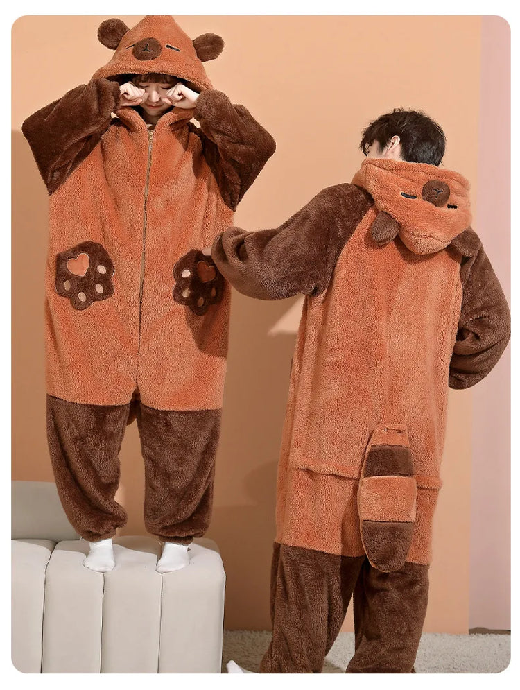 Family Matching Hooded Jumpsuit Cartoon Cypabara Onesie Winter Warm Sleepwear Boys Girls Pajamas Christmas Cartoon Home Clothes