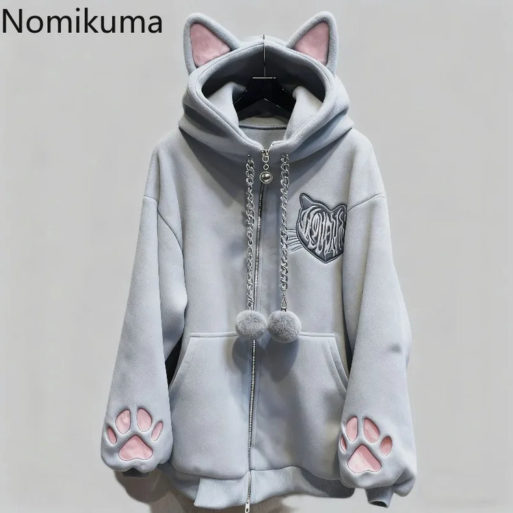 Thicked Women Jackets Cute Cat Ear Hooded Long Sleeve Punk Outerwear Fashion Casual Warm Coats 2025 Ropa Mujer Japanese Y2k Tops