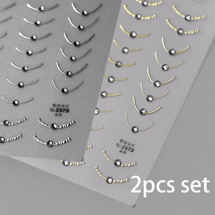 2pcs Set French Tip Nail Stickers Diamond Line 5D Gold Silver French Line Nail Art Stickers Crystal Curve Wave Strips Slider2028