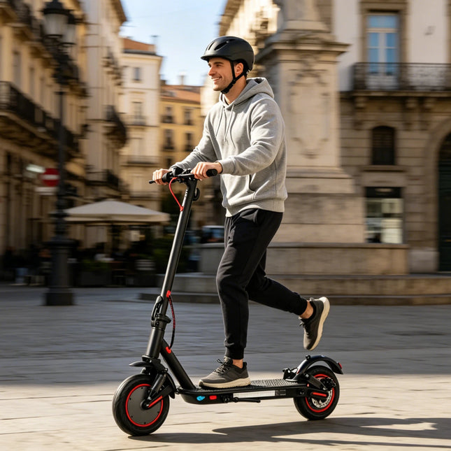 10 pneumatici, doppia sospensione, batteria 36V 10.4Ah, autonomia 30 km, freno a disco, monopattini