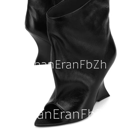 2025Ladies' Spring and Summer New Fish Mouth Slope High Heel Knee Boots, Fashionable Pointed Fashion Show Medium Cool Boots PlatiNum
