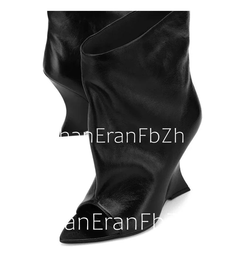 2025Ladies' Spring and Summer New Fish Mouth Slope High Heel Knee Boots, Fashionable Pointed Fashion Show Medium Cool Boots PlatiNum