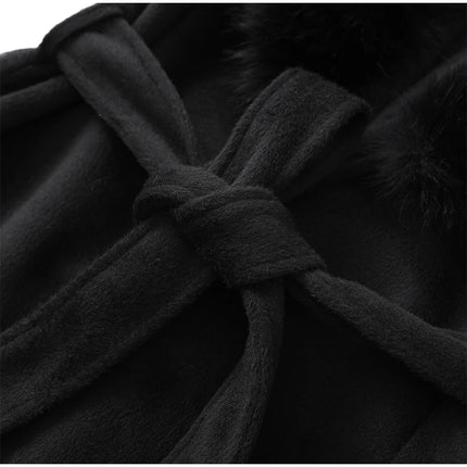 Retro Black Fur Patchwork Woolen Coat Women Chic Full Sleeve V-neck Lace Up Loose Long Overcoat 2025 Lady Winter Commute Outwear