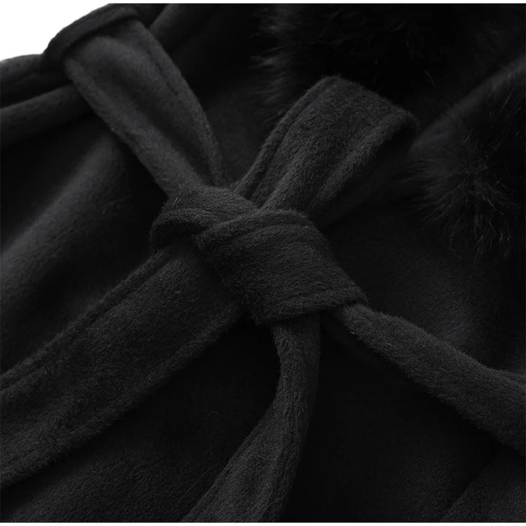 Retro Black Fur Patchwork Woolen Coat Women Chic Full Sleeve V-neck Lace Up Loose Long Overcoat 2025 Lady Winter Commute Outwear