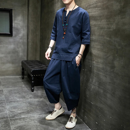 Stile giapponese due pezzi t-shirt pantaloni uomo uomo abiti Kimono maniche corte giappone Harajuku Yukata Cardigan Costume top pantaloni