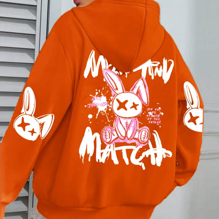 Mix And Match Cartoon Rabbit Prints Women Hoodie Pocket Streetwear Harajuku Loose Hoody All-Match Fleece Female Clothing