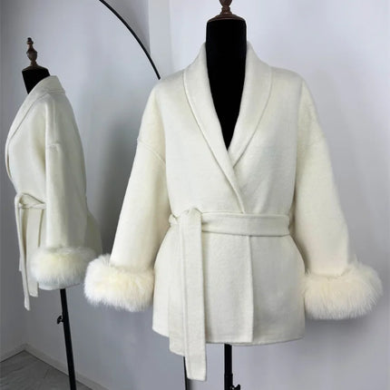 Tossy Fox Fur Wool Overcoat Women's Short Coat Office Lady Elegant Double-sided Woolen Coat 2025 New Cardigan Jackets Loose Wool