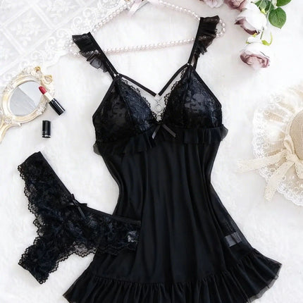 Set di 2 Pezzi Camicia da Notte Verde Scuro per Donna, Lingerie Sexy in Rete Trasparente con Slip, Pizzo e Spalline Sottili