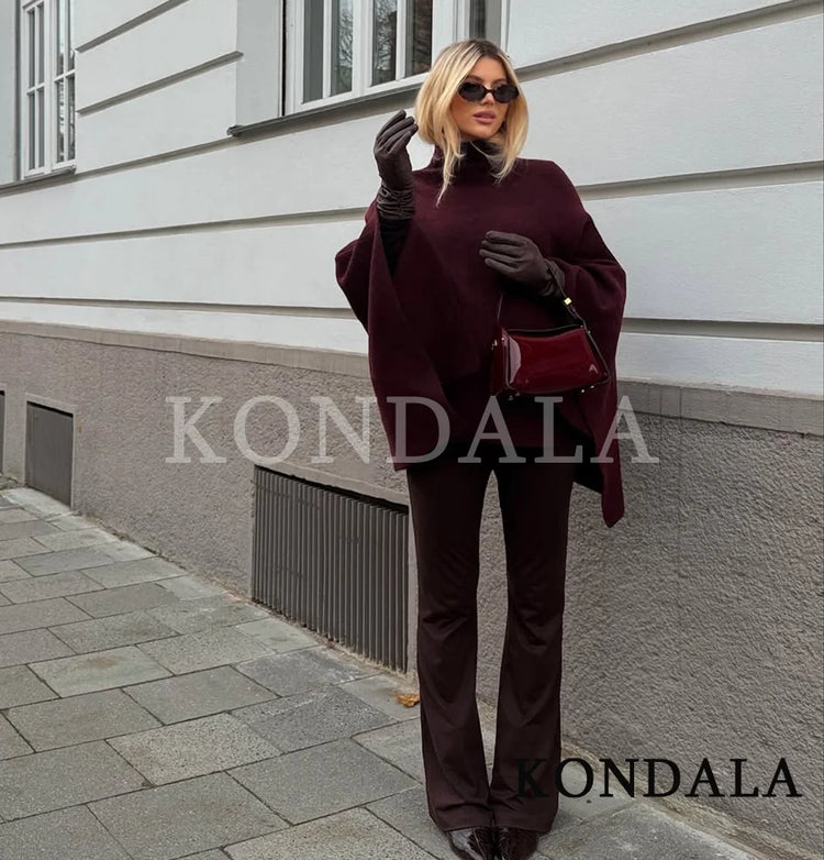 KONDALA Stand-up Collar Knitted Cape Coat High Street Casual Loose Cape 2025 Fall Winter Fashion Elegant Streetwear Lady Cape