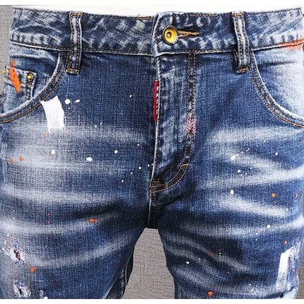 Fashion Streetwear Men Jeans Retro Black Blue Elastic Slim Fit Ripped Jeans Men Spliced Designer Embroidery Hip Hop Denim Pants PlatiNum