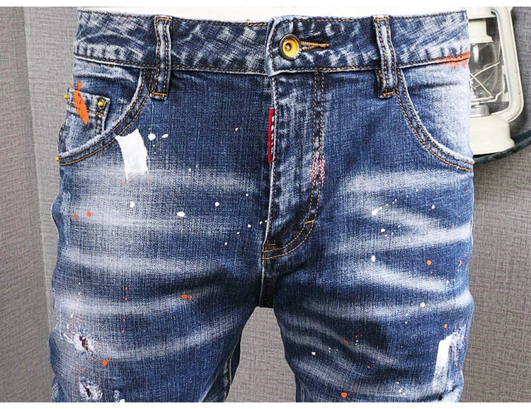 Fashion Streetwear Men Jeans Retro Black Blue Elastic Slim Fit Ripped Jeans Men Spliced Designer Embroidery Hip Hop Denim Pants PlatiNum