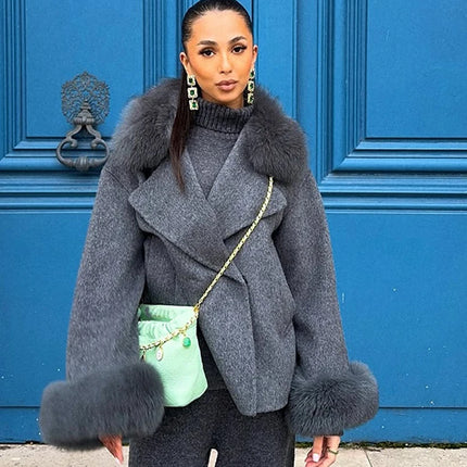 Retro Black Fur Patchwork Woolen Coat Women Chic Full Sleeve V-neck Lace Up Loose Long Overcoat 2025 Lady Winter Commute Outwear