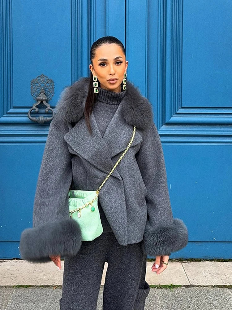 Retro Black Fur Patchwork Woolen Coat Women Chic Full Sleeve V-neck Lace Up Loose Long Overcoat 2025 Lady Winter Commute Outwear