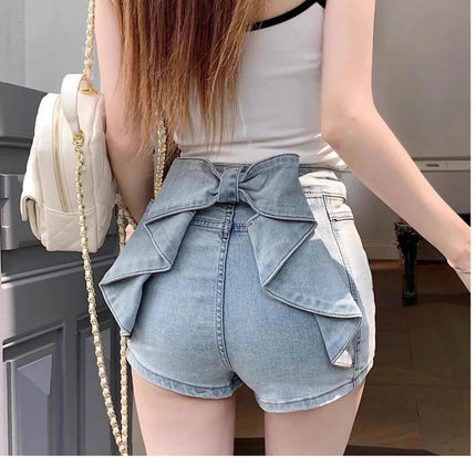 Women's Y2K Sexy Denim Shorts Petite High Waist Hip Lifting Shorts Slim Summer Hot Pants with 3D Bow Personality Detail