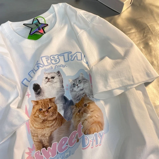 Super cute cat women's t-shirt loose short sleeve sweet shirt plus size women's clothing round neck Korean multicolor tops