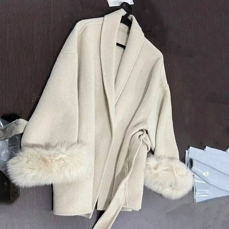 UCXQ Elegant OL Office Lady Overcoats Fur Patchwork Long Sleeve Woolen Coat Beautiful Women's Clothing Jacket Autumn 2025 Winter