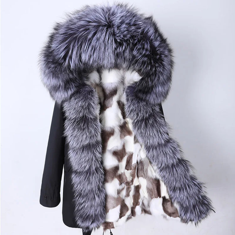 Winter Long Jacket Real Fur Coat Women Clothes Large Silver Fox Fur Collar Detachable Natural Fox Lining Parkas Leather Fur