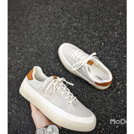 Men's Linen Canvas Platform Sneakers, Breathable Low‑Top Casual Skate Shoes, Retro Contrast Tan Trim Design, Soft Cushioned Thic