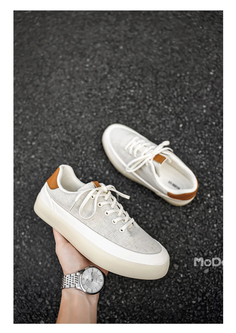 Men's Linen Canvas Platform Sneakers, Breathable Low‑Top Casual Skate Shoes, Retro Contrast Tan Trim Design, Soft Cushioned Thic