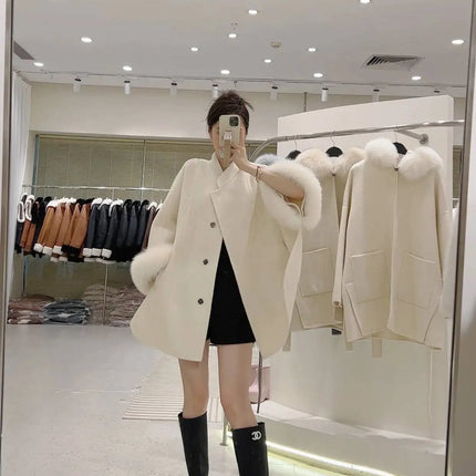 UCXQ Korean Style Two Sided Cloak Overcoat For Women Fur Collars Belt Loose Long Coats 2025 Winter New 23Z2284