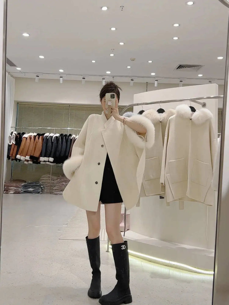 UCXQ Korean Style Two Sided Cloak Overcoat For Women Fur Collars Belt Loose Long Coats 2025 Winter New 23Z2284