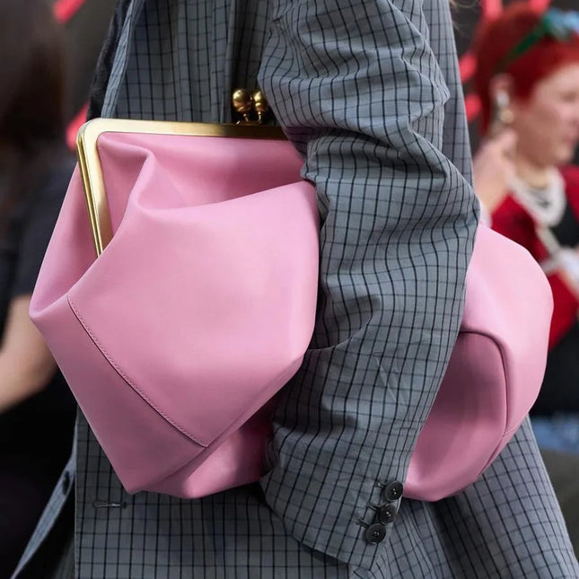 Fashion Large Kisslock Clutch Bag for Women Designer Clip Shell Women Shoulder Bags Luxury Soft Pu Leather Pink Color Handbags PlatiNum
