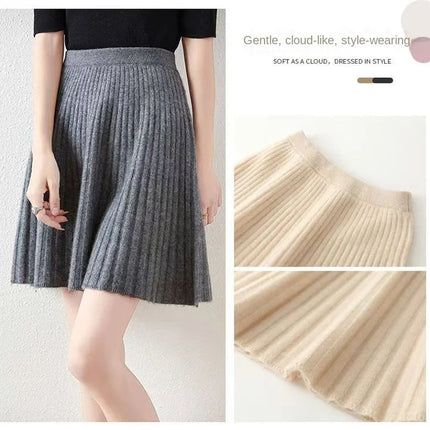 100% Merino Wool Mini Skirt Korean Women's AutumnWinter Fashionable Solid Color Elastic Waist Knitted Pleated Skirt PlatiNum